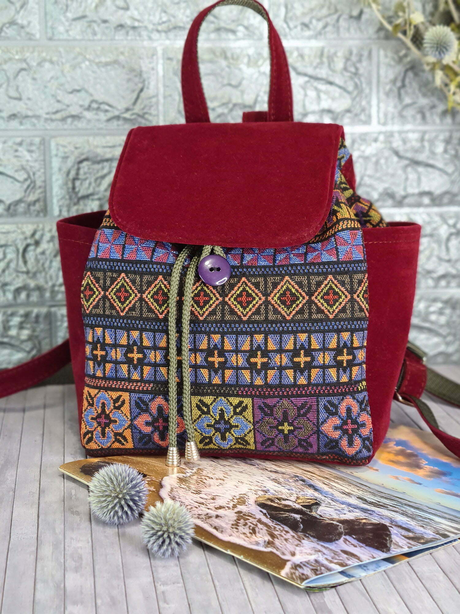 Рюкзак із замші та гобелену фіолет + бургунді середній (15050)