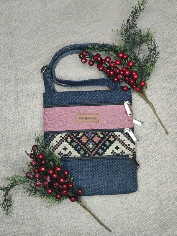 Міні сумка 4 кишені (синя, світло рожева, орнамент) (23013)