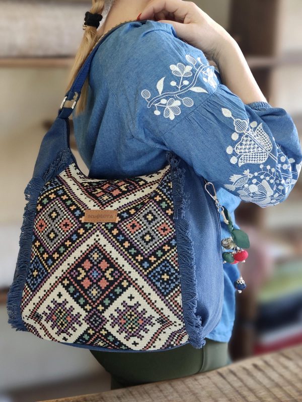 Синя сумка в етностилі з бахромою