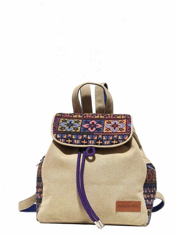 Рюкзак середній колір пісок з декором "Фіолетові квіти" (15041)