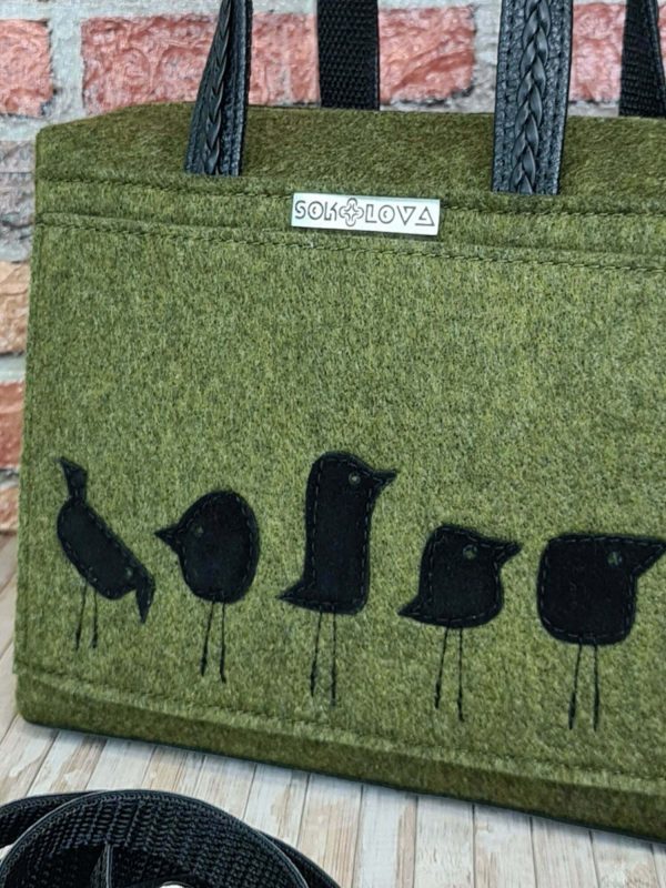 Фетрова сумка з пташками кольору хакі (13009)