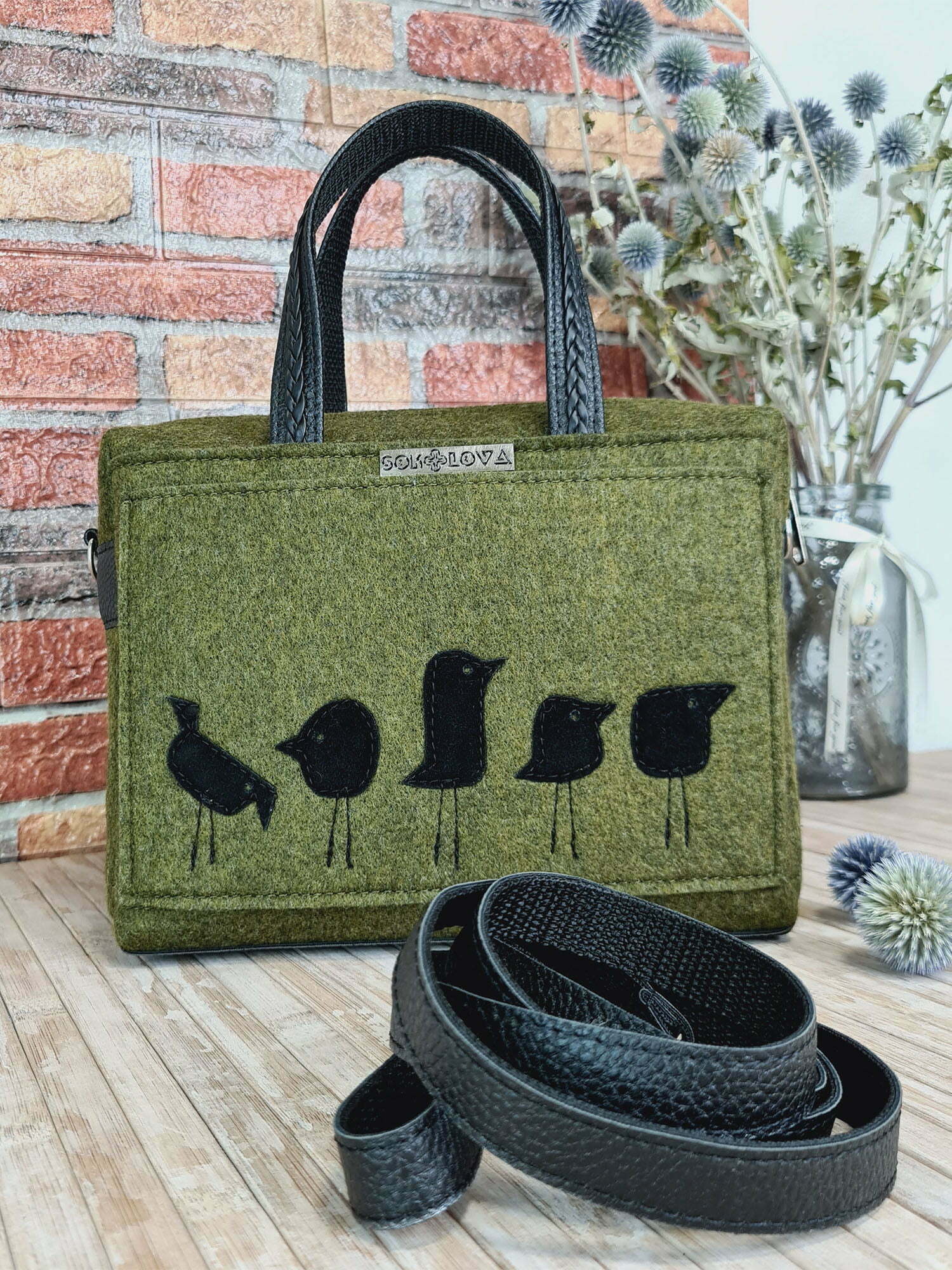 Фетрова сумка з пташками кольору хакі