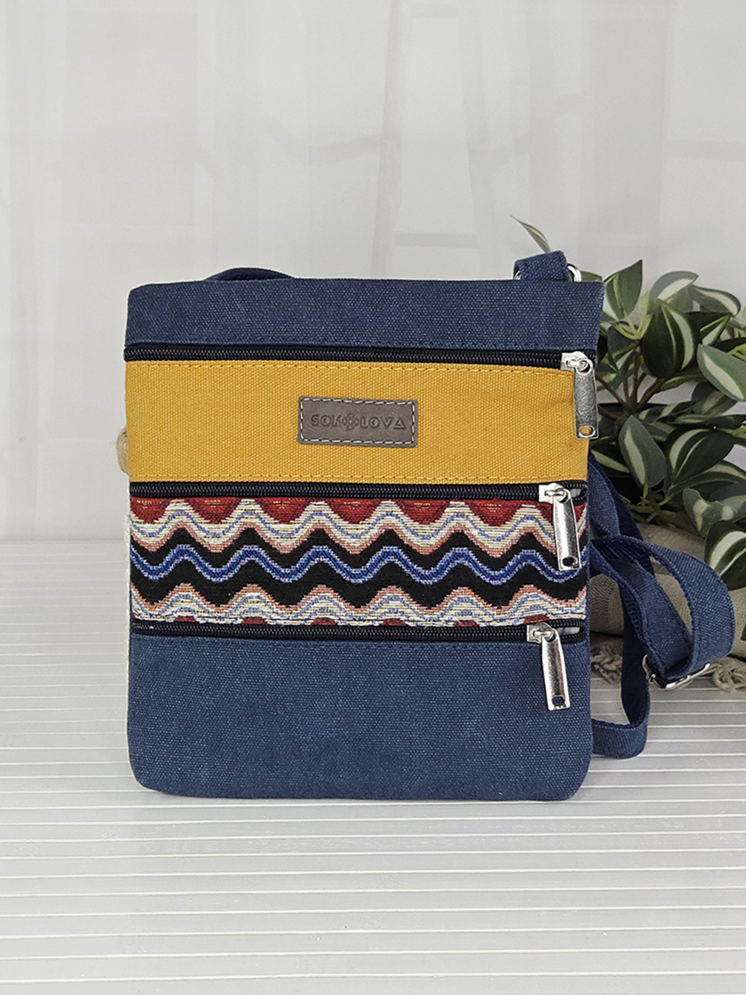 Синьо-жовта сумка "4 кишені" з орнаментом