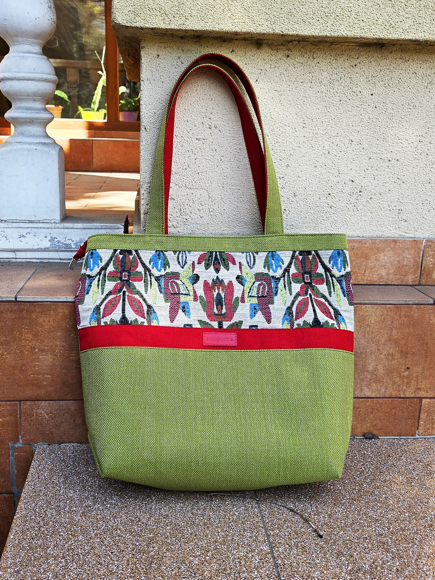 Зелений шопер з квіткою в етностилі (24078)